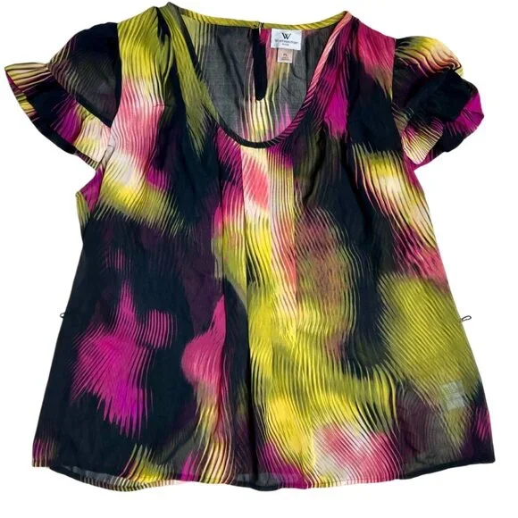 Worthington Petite Multi-color Abstract Sheer Cap Sleeve Blouse PL Colorful - Picture 2 of 12